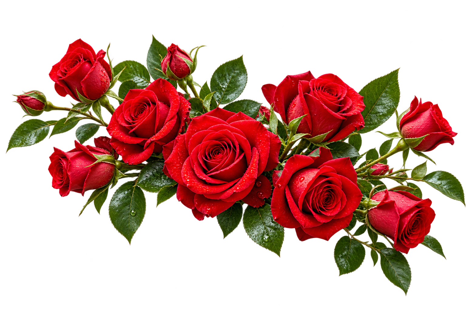 Real red roses with green leaves