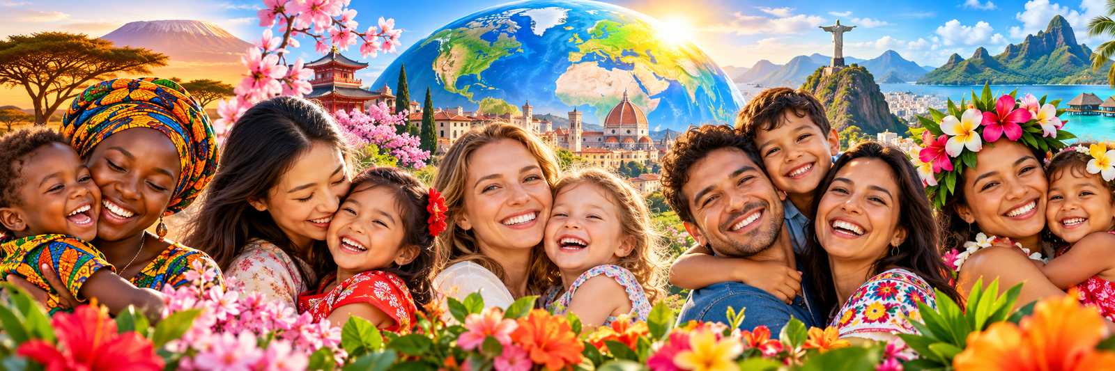Happy smiling families from five continents